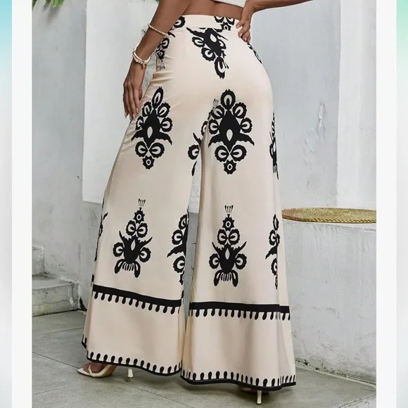 1103.  Boho Print High Waist Wide Leg Pants Casual Long Pant - Picture 2 of 2